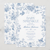 Invitation Bleu Toile De Jouy Fleurs Bébé Sprinkle (Devant / Derrière)