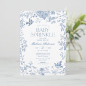 Invitation Bleu Toile De Jouy Fleurs Bébé Sprinkle (Debout devant)