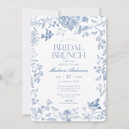 Invitation Bleu Toile De Jouy Français Floral Bridal Brunch (Devant)