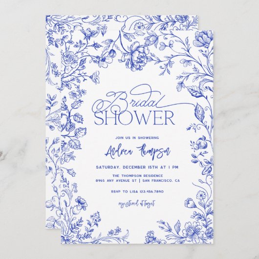 Invitation Bleu Toile Elégante Fête des mariées de Script mod (Devant / Derrière)