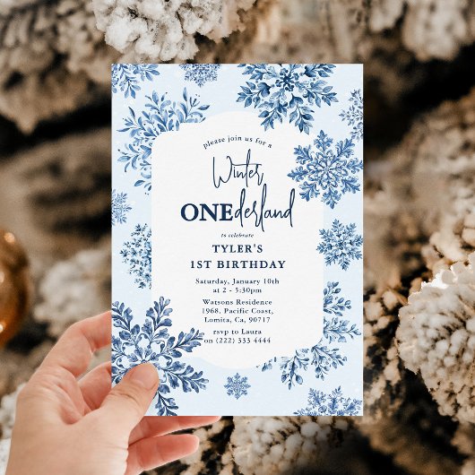 Invitation Bleu Toile Snowflake Hiver 1er anniversaire