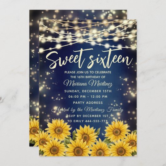 Invitation Bleu Tournesol String lumières or scintillant (Devant / Derrière)