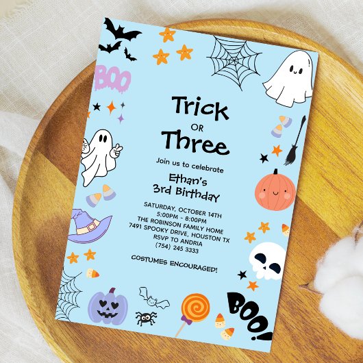Invitation Bleu Trick ou traiter Halloween 3e anniversaire