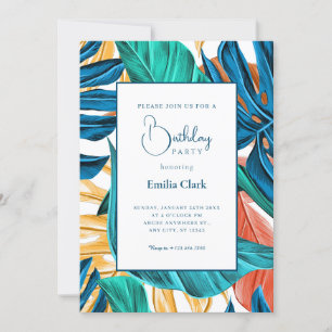 Invitation Bleu tropical feuilles jaunes anniversaire
