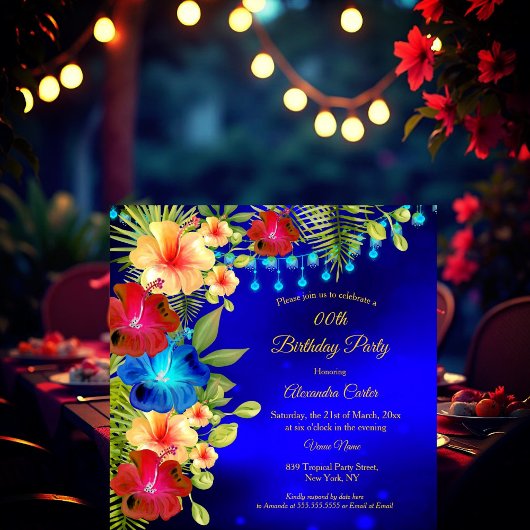 Invitation Bleu Tropical Rouge Jaune Hibiscus floral Annivers