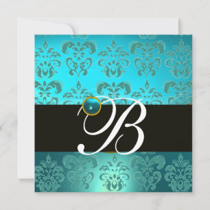 Invitation BLEU TURQUASE BLACK DAMASK MONOGRAM, aquamarine