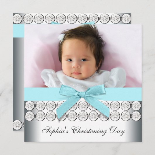 Invitation Bleu Turquoise Bébé Bébé Christening (Devant / Derrière)