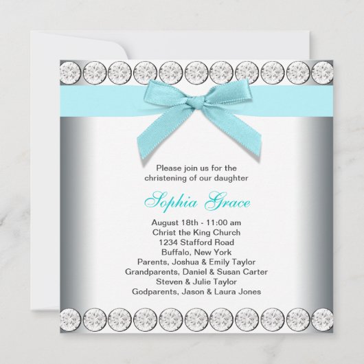 Invitation Bleu Turquoise Bébé Bébé Christening (Dos)