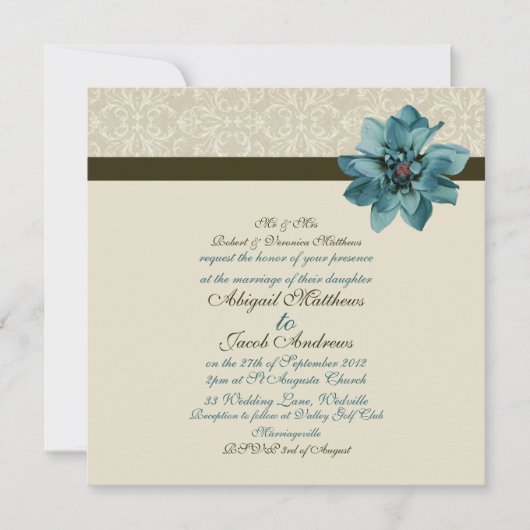 Invitation bleu turquoise brun chocolat de mariage (Devant)