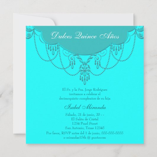 Invitation Bleu turquoise Doux Quinze (Dos)