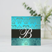 Invitation BLEU TURQUOISE NOIR DAMAS MONOGRAMME , aigue-mari (Debout devant)