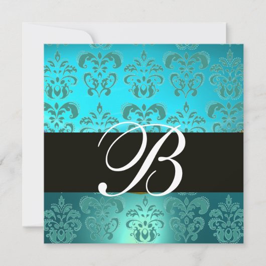Invitation BLEU TURQUOISE NOIR DAMAS MONOGRAMME , aigue-mari (Devant)