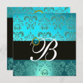 Invitation BLEU TURQUOISE NOIR DAMAS MONOGRAMME , aigue-marin (Devant / Derrière)