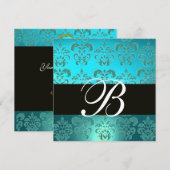 Invitation BLEU TURQUOISE NOIR DAMASSÉ MONOGRAMME, aigue-mari (Devant / Derrière)
