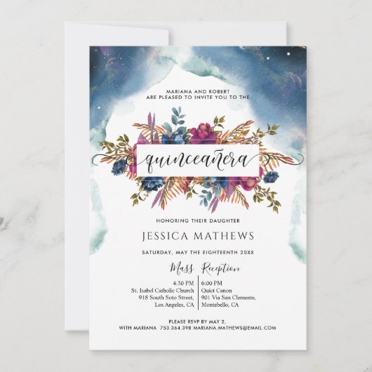 Invitation Bleu, Turquoise, pourpre et Fuchsia Elegant Quince (Devant)