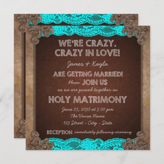 Invitation Bleu Turquoise rustique et Mariage Brown (Devant / Derrière)