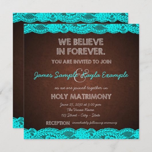 Invitation Bleu Turquoise rustique et Mariage Brown (Devant / Derrière)
