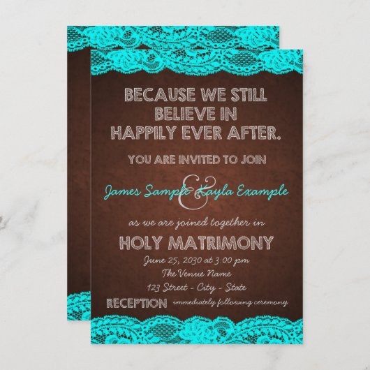 Invitation Bleu Turquoise rustique et Mariage campagnard Brow (Devant / Derrière)