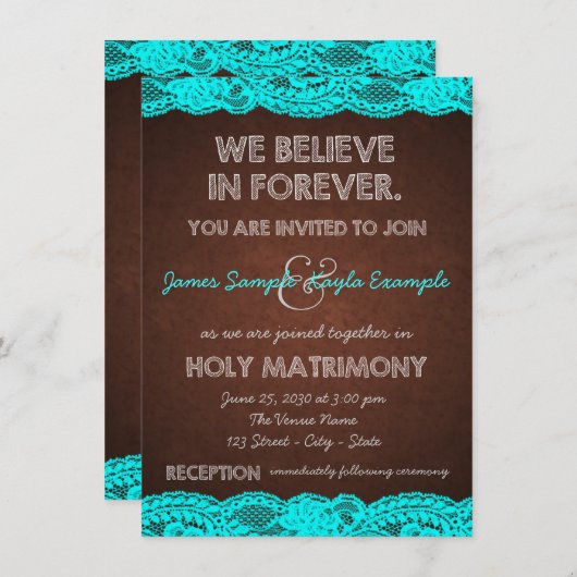 Invitation Bleu Turquoise rustique et Mariage campagnard Brow (Devant / Derrière)