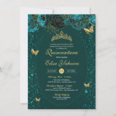 Invitation Bleu turquoise Vert Or Papillon de luxe Quinceaner (Devant)