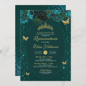 Invitation Bleu turquoise Vert Or Papillon de luxe Quinceaner (Devant / Derrière)