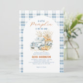 Invitation Bleu Un petit Citrouille Baby shower de camion gar (Debout devant)