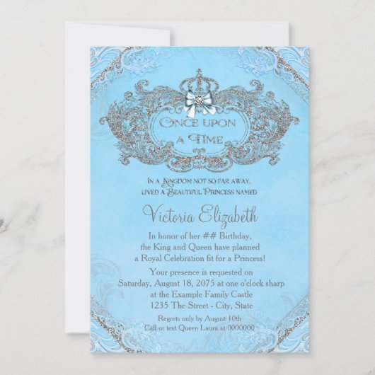 Invitation Bleu une fois à une époque princesse Anniversaire (Devant)