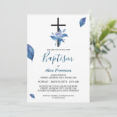 Invitation Bleu unique Rose d'aquarelle Baptême floral (Debout devant)