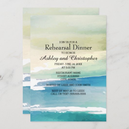 Invitation Bleu Vert aquarelle Océan Mariage répétition (Devant / Derrière)