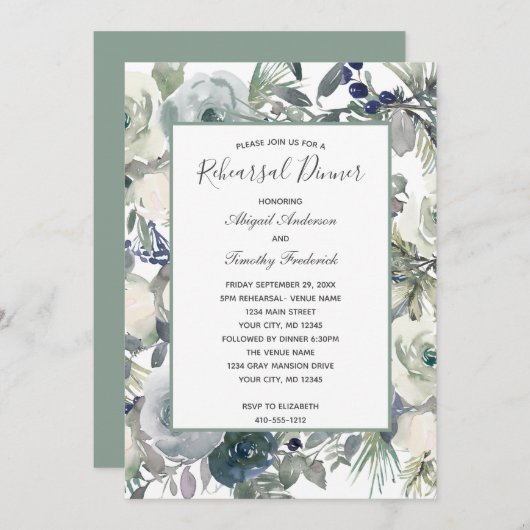Invitation Bleu Vert Blanc Floral Élégant Dîner de répétition (Devant / Derrière)