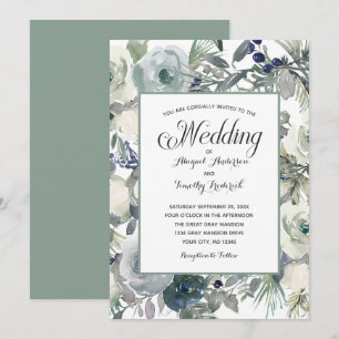 Invitation Bleu Vert Blanc Floral Élégant Formel Mariage