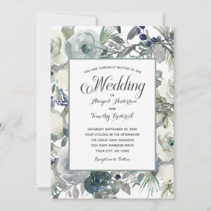 Invitation Bleu Vert Blanc Floral Élégant Mariage formel