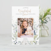 Invitation Bleu Vert blanc hiver Floral Photo Noël (Debout devant)