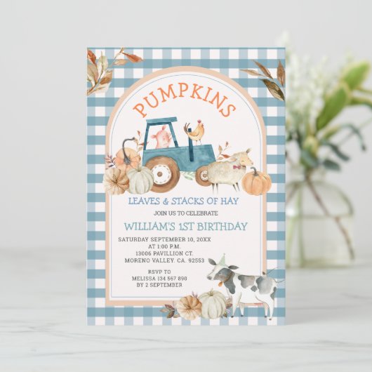 Invitation Bleu vert En vichy Citrouille Ferme Animaux Annive (Debout devant)