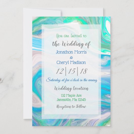 Invitation Bleu, vert et Marbre blanc Fluid Art Mariage (Devant)