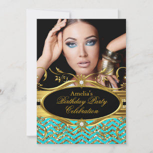 Invitation Bleu-vert et or Chevron Diamant Photo Anniversaire