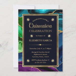 Invitation Bleu, Vert et Or Paillettes Agate Quinceanera