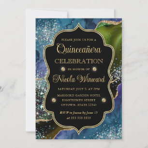 Invitation Bleu, Vert et Or Paillettes Agate Quinceanera