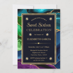 Invitation Bleu, Vert et Or Paillettes Agate Sweet Sixteen