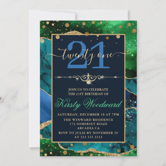 Invitation Bleu & Vert & Faux Gold Parties scintillant Agate (Devant)
