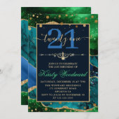 Invitation Bleu & Vert & Faux Gold Parties scintillant Agate (Devant / Derrière)