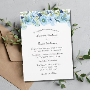 Invitation Bleu Vert Floral Élégant Mariage Formel