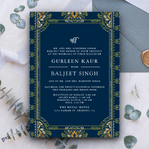 Invitation Bleu Vert Jaune Ikat Anand Karaj Mariage Sikh