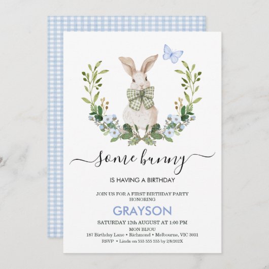 Invitation Bleu Vert Jouets Petit Lapin 1er Anniversaire (Devant / Derrière)