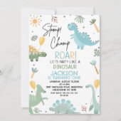 Invitation Bleu Vert Mignon Photo Anniversaire Thème Dinosaur (Devant)