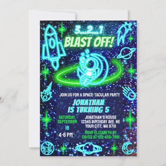 Invitation Bleu vert néon brillant l'espace extra-atmosphériq (Devant)