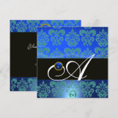 INVITATION BLEU VERT NOIR CHAMPAGNE DAMASSÉ MONOGRAMME (Devant / Derrière)