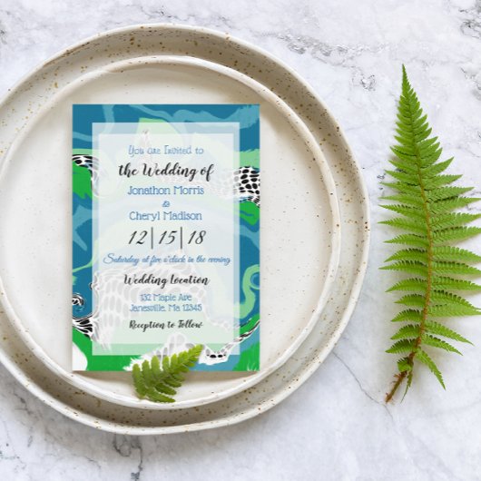 Invitation Bleu, vert noir et Marbre blanc Mariage
