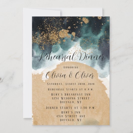 Invitation Bleu Vert or aquarelle Agate Dîner de répétition (Devant)