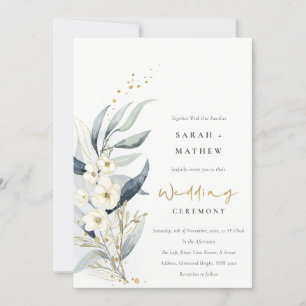 Invitation Bleu vert or feuille Mariage botanique floral